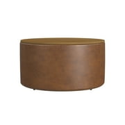 HomePop Large Modern Round Storage Ottoman with Wood Lift-Top Lid, Brown Faux Leather/Honey Oak