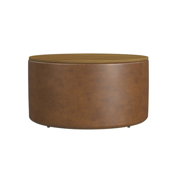 HomePop Large Modern Round Storage Ottoman with Wood Lift-Top Lid, Brown Faux Leather/Honey Oak
