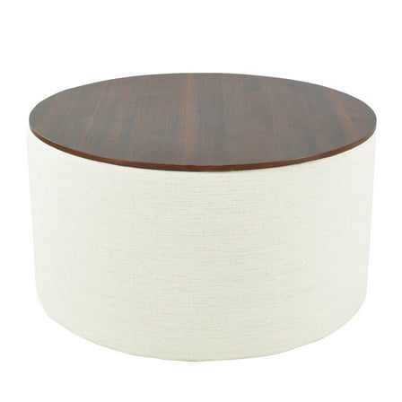 HomePop Large Modern Round Storage Ottoman with Wood Lift-Top Lid, Cream/Dark Walnut