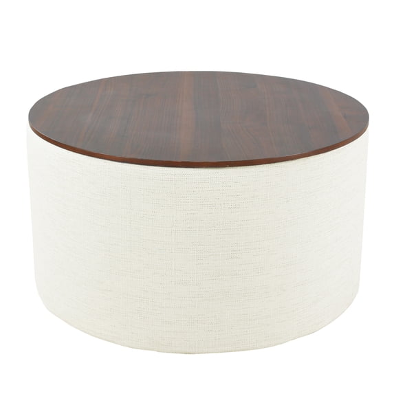 HomePop Large Modern Round Storage Ottoman with Wood Lift-Top Lid, Cream/Dark Walnut