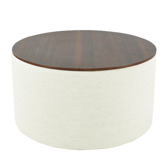HomePop Large Modern Round Storage Ottoman with Wood Lift-Top Lid, Cream/Dark Walnut