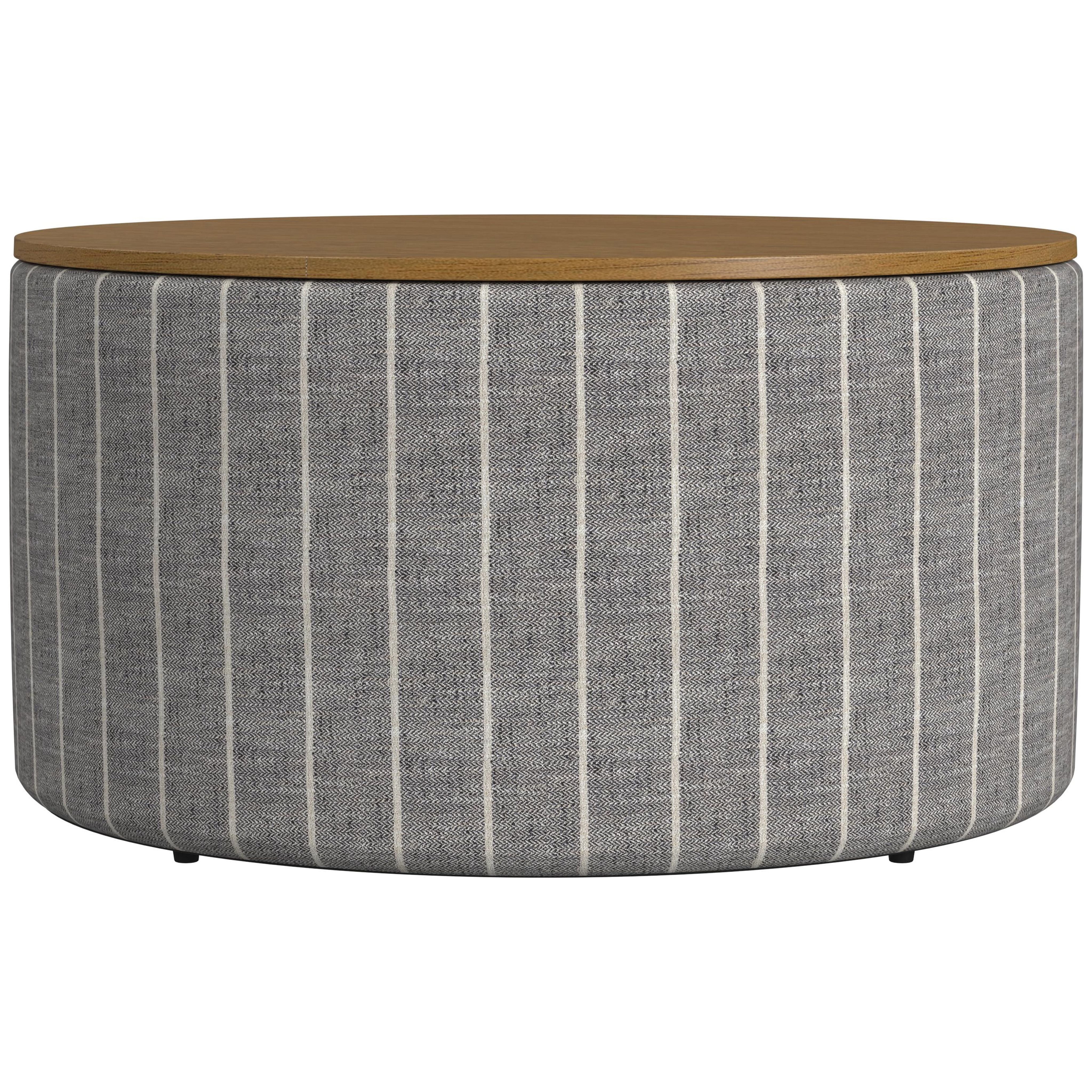 HomePop Large Modern Round Storage Ottoman with Wood Lift-Top Lid, Gray Pinstripe/Honey Oak