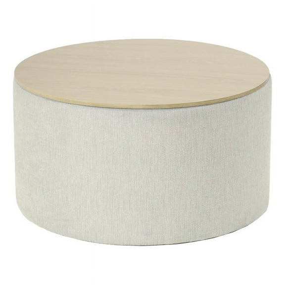 HomePop Large Modern Round Storage Ottoman with Wood Lift-Top Lid, Light Gray/Natural