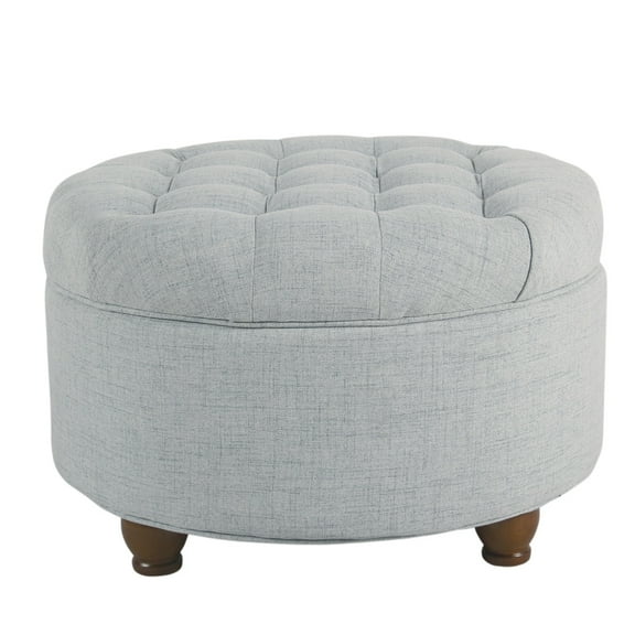 HomePop Large Round Button Tufted Storage Ottoman, Light Blue