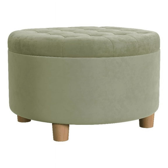 HomePop Large Round Button Tufted Storage Ottoman, Light Sage Green Velvet
