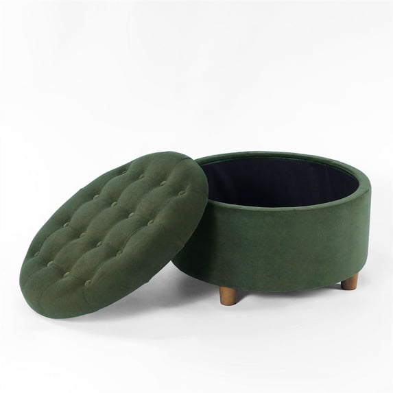 HomePop Large Round Button Tufted Storage Ottoman, Loden Green Velvet