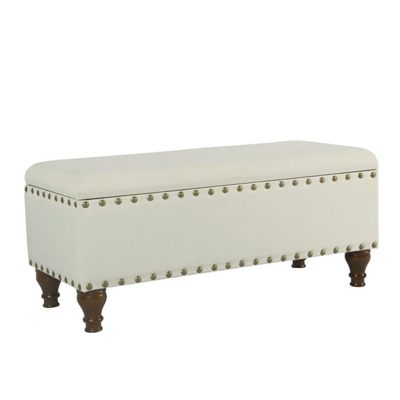 HomePop Large Storage Bench with Nailhead Trim, 42"W x 18"D x 18"H, Cream
