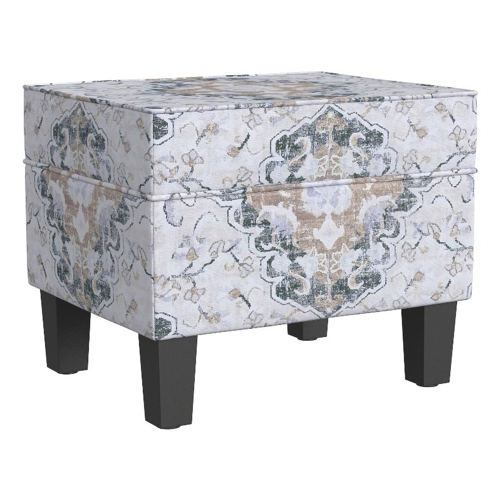 Antiqued Ebony Medallion Upholstered Storage Ottoman with Hinged Lid