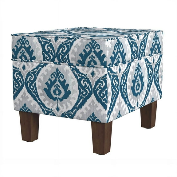 HomePop Medium Storage Ottoman with Hinged Lid, Blue Ikat Medallion Print