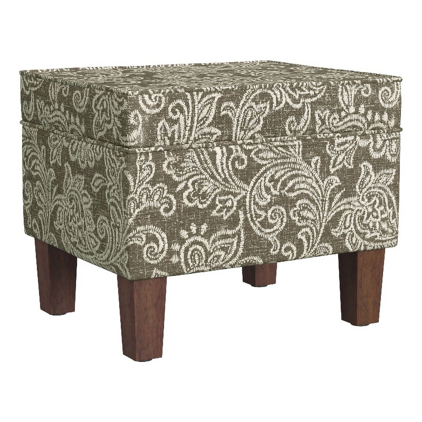 Brown Jacobean Print Upholstered Storage Ottoman with Hinged Lid