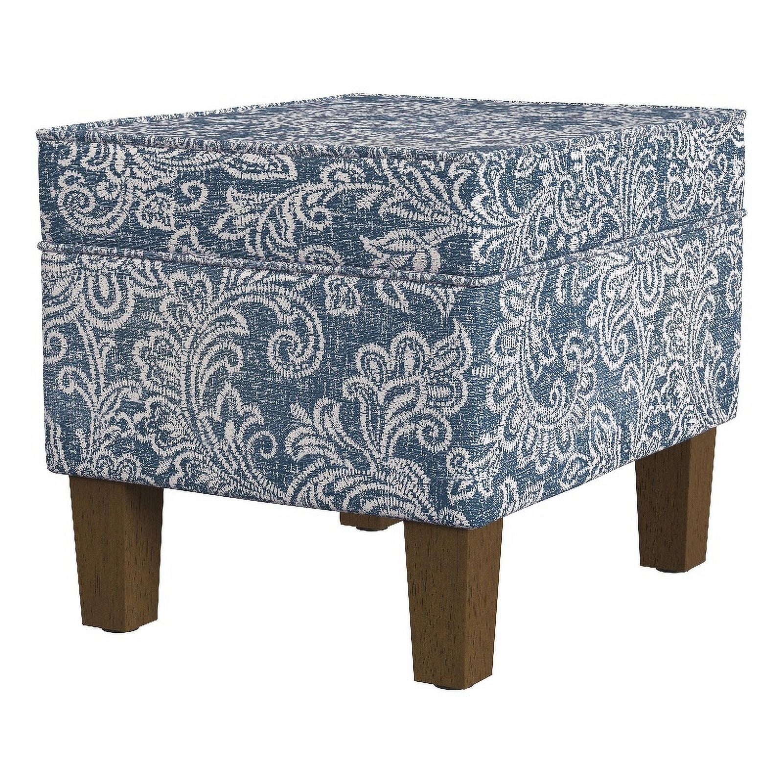Medium Blue Denim Jacobean Print Storage Ottoman with Hinged Lid