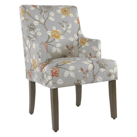 Floral Patterned Fabric Upholstered Dining Chair with Swoop Armrests and Wooden Feet, Multicolor- Saltoro Sherpi