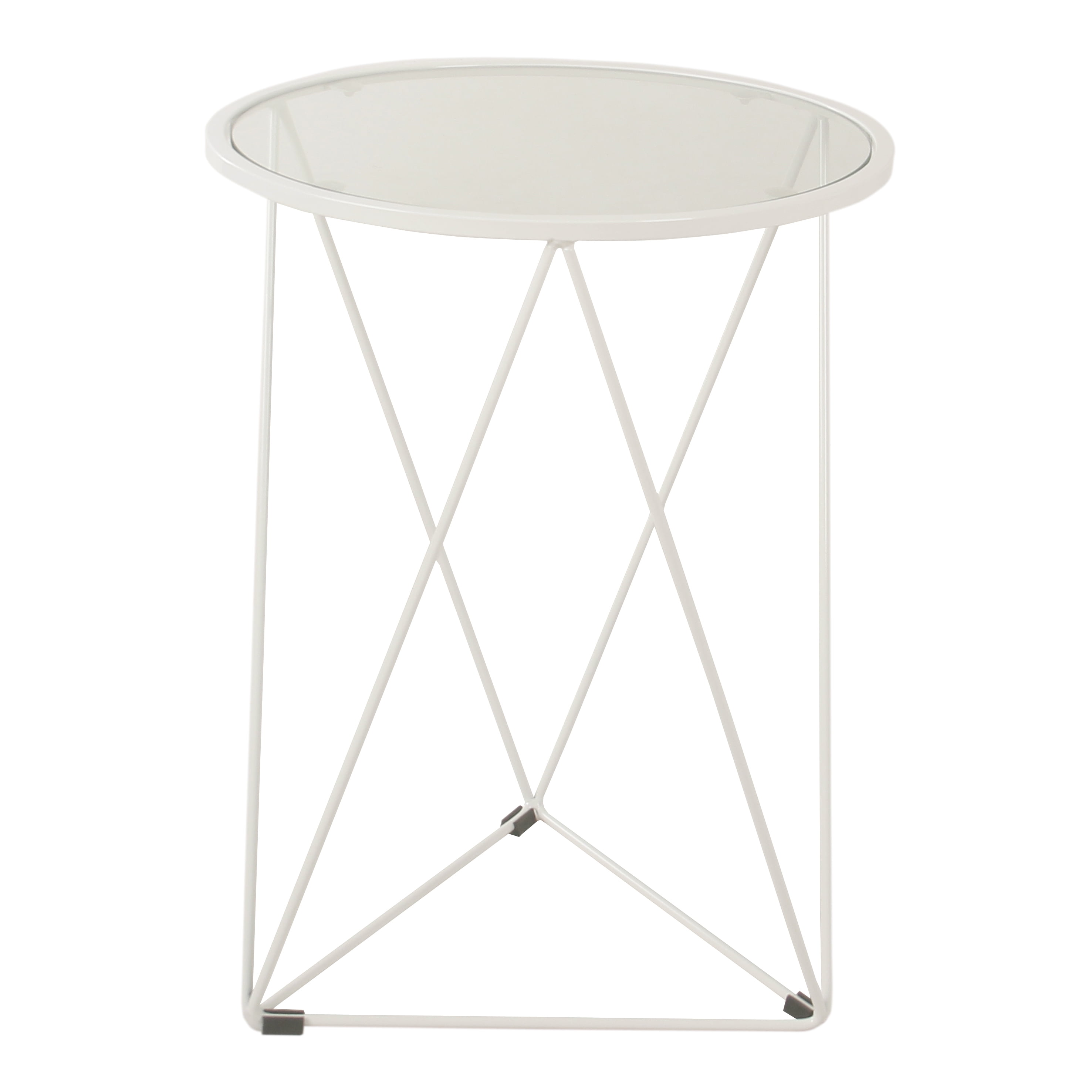 Elegant White Metal Triangle Base Round Mirrored Accent Table