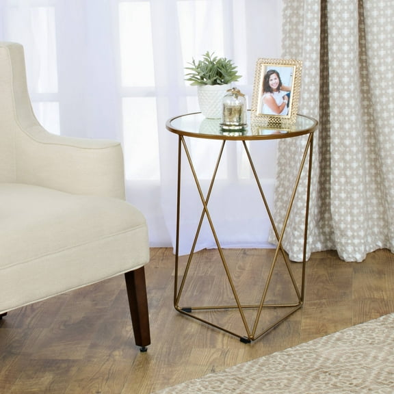 HomePop Metal Accent Table with Glass Top, Gold
