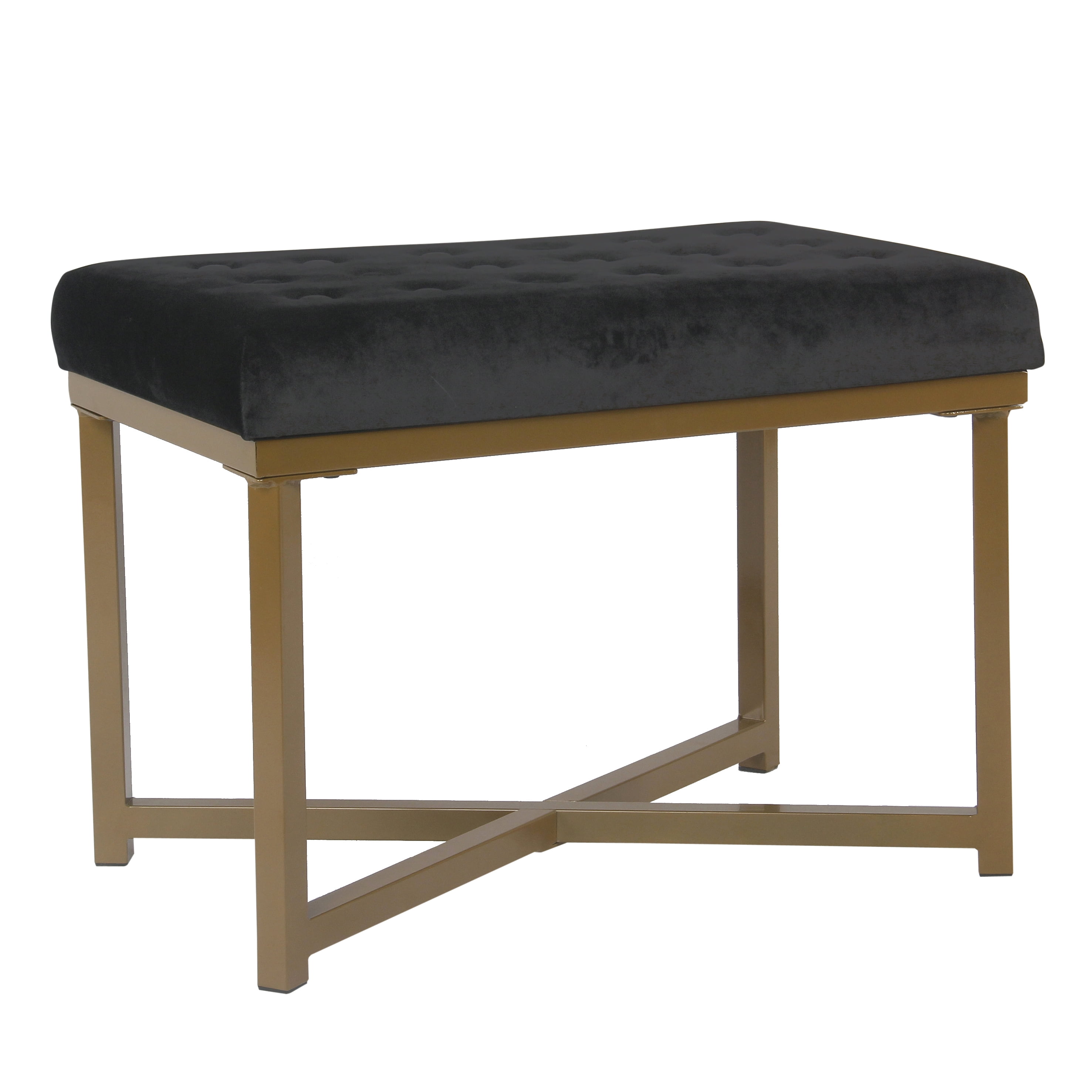 Black Tufted Velvet Ottoman with Gold Metal Base