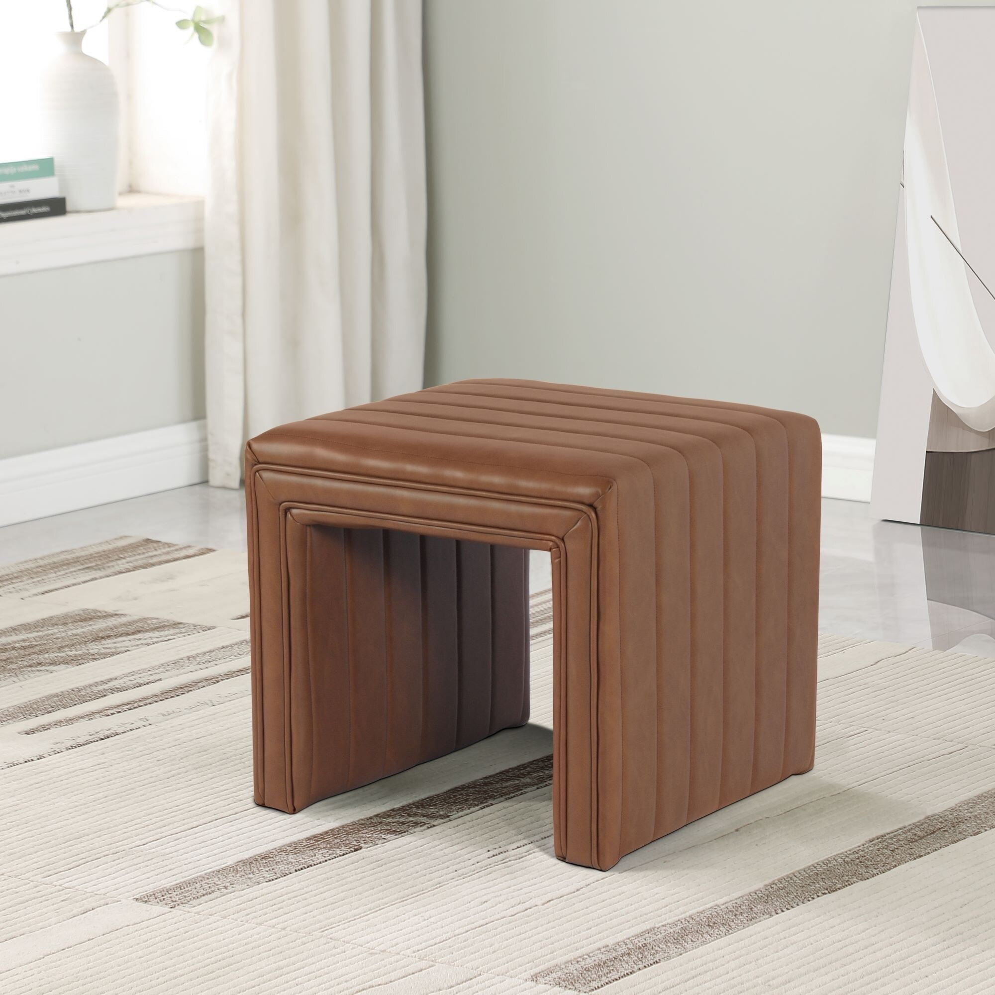Carmel Faux Leather Tufted Ottoman with Channeling Detail