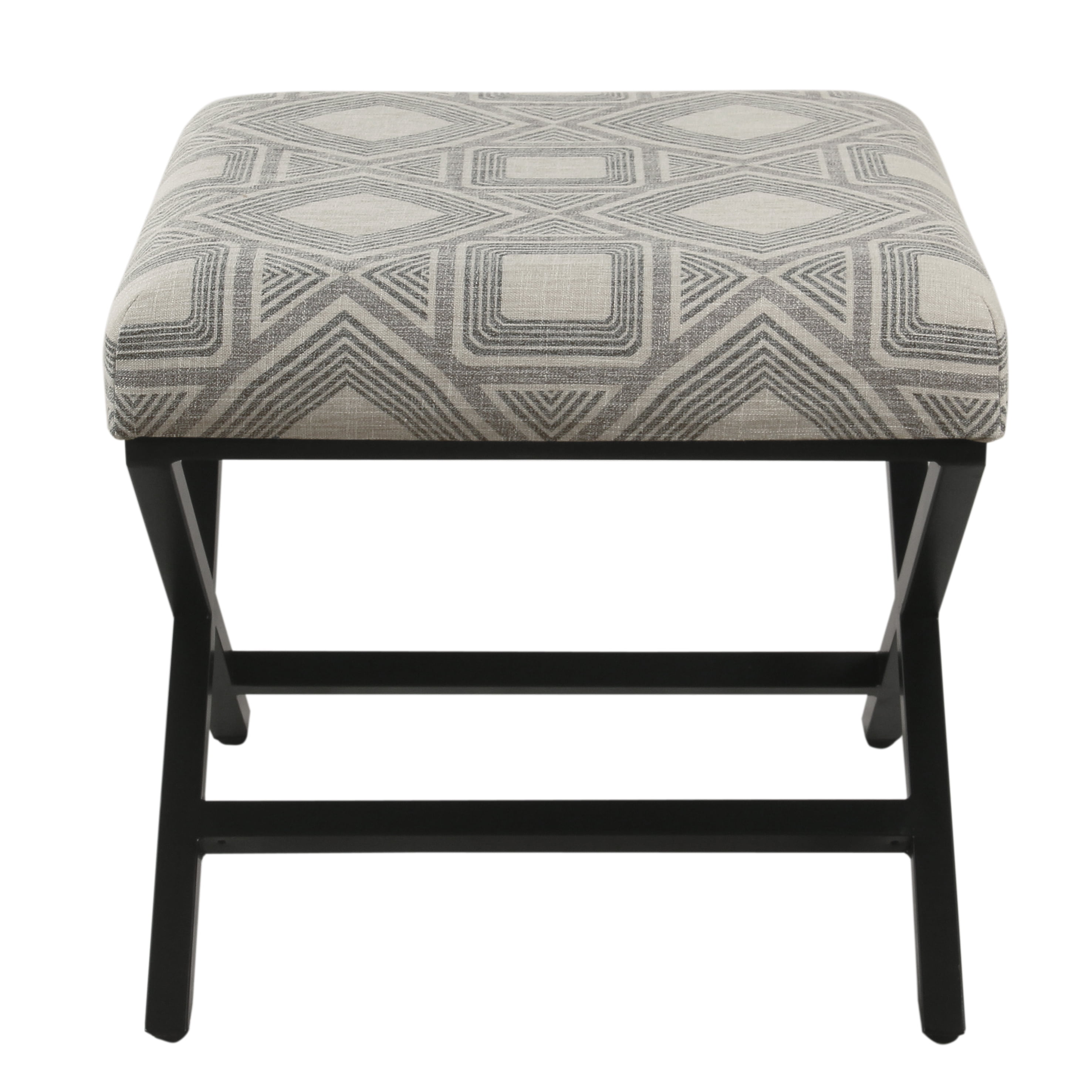 Charcoal Square Geometric Tufted Footstool with Metal X Base