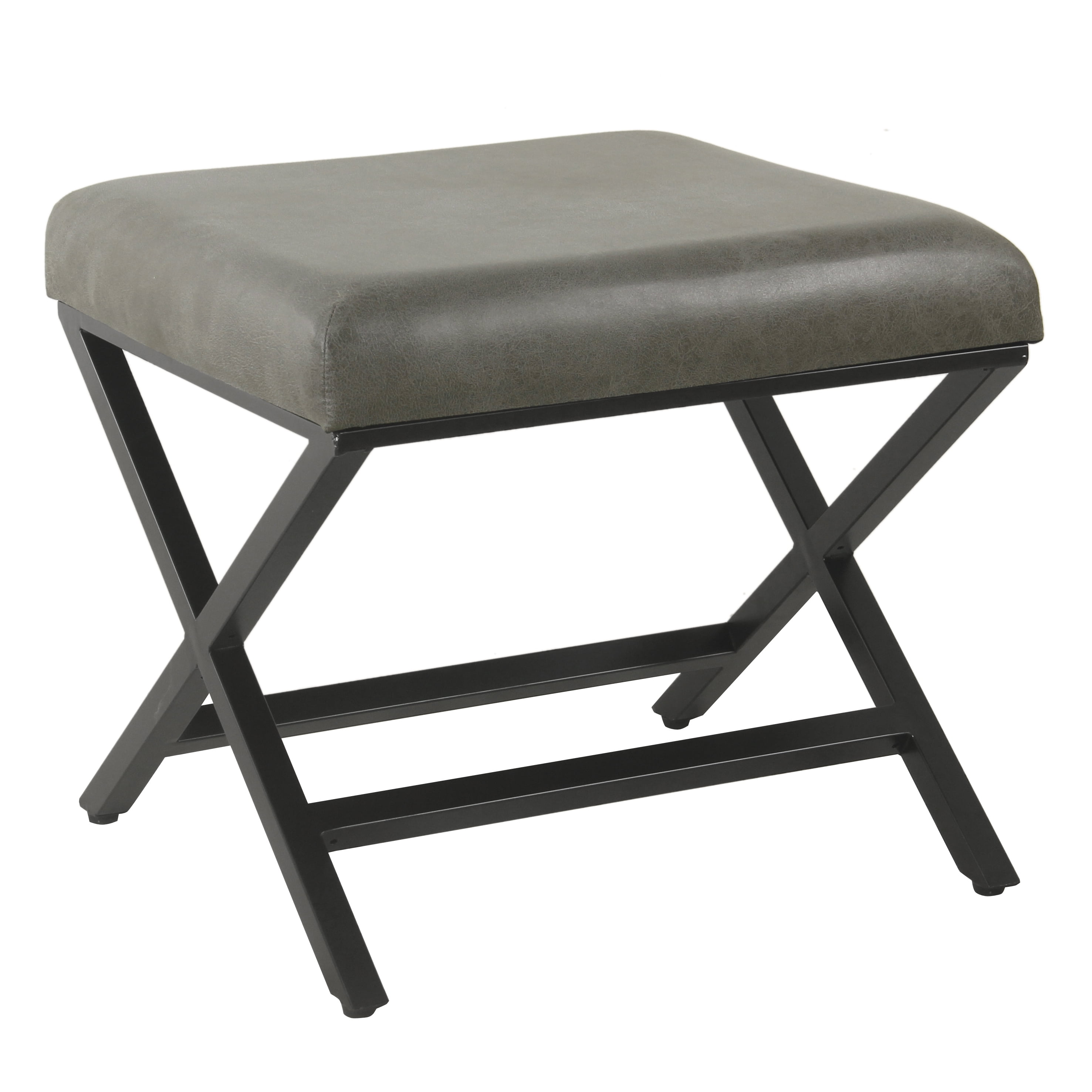 Modern Industrial Gray Faux Leather Ottoman with Sleek Metal Base