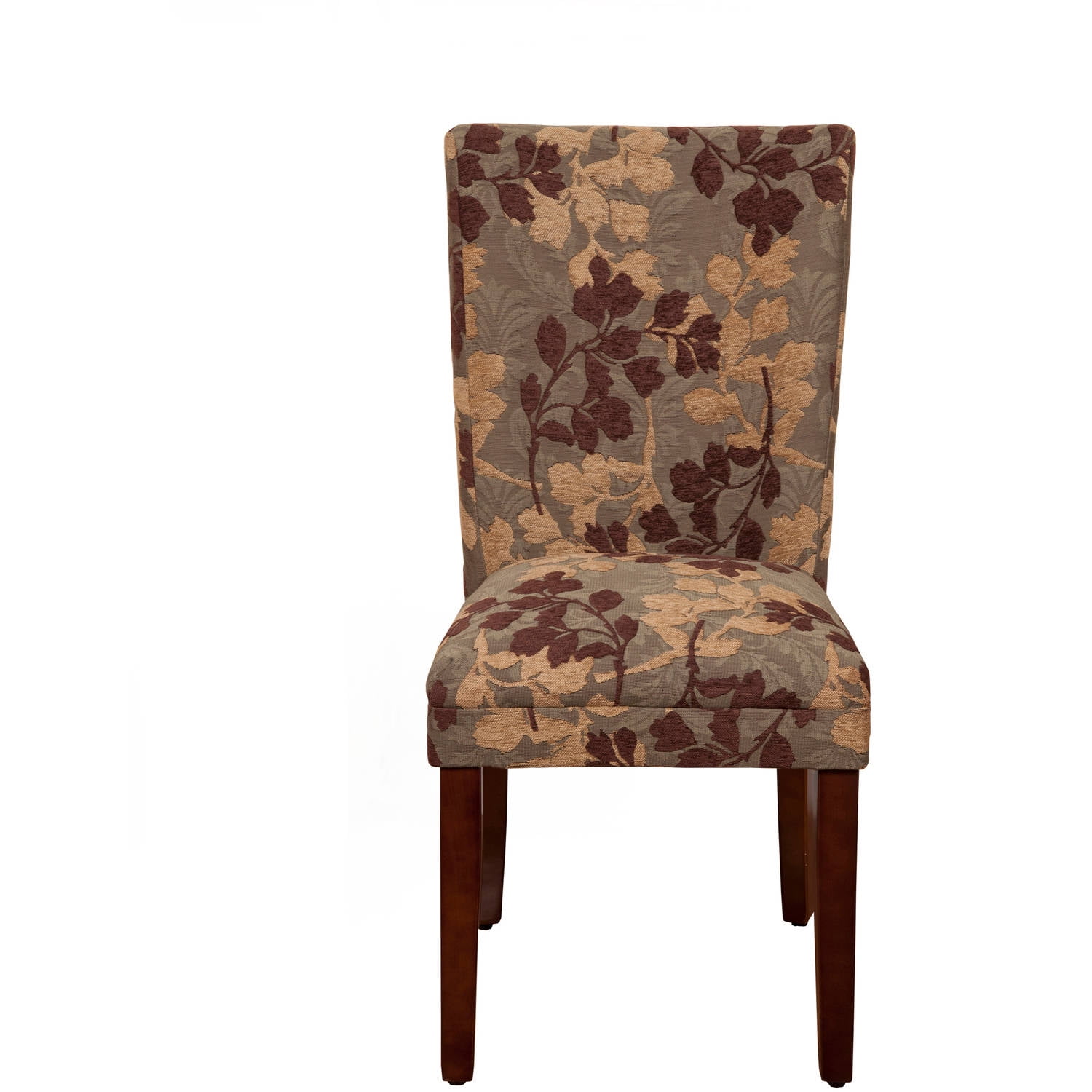 Brown Floral Upholstered Parsons Side Chair with Wood Legs