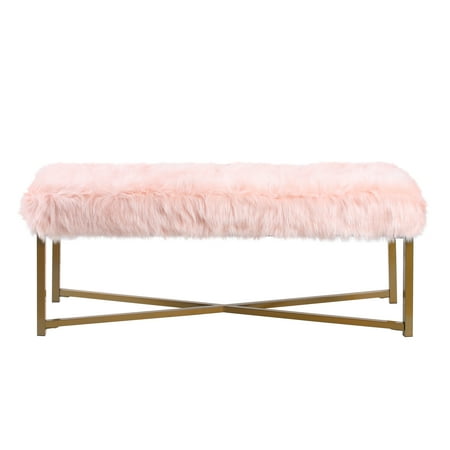 HomePop Rectangle Transitional Wood and Faux Fur Bench in Pink