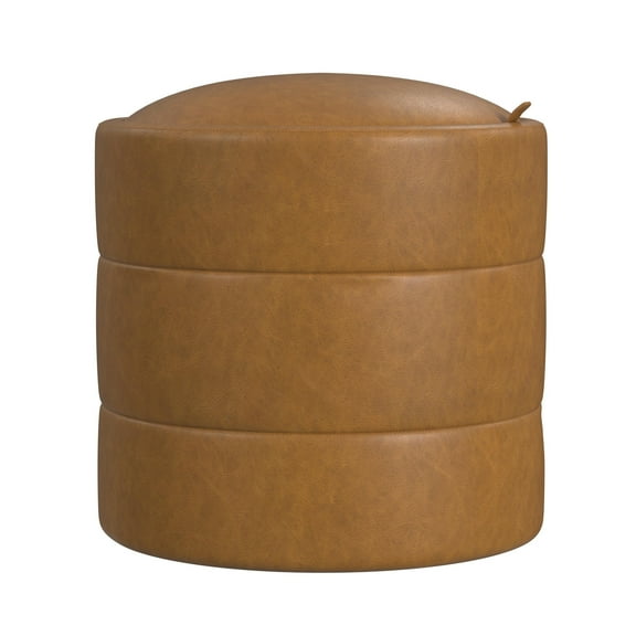 HomePop Round Storage Ottoman, Carmel Faux Leather