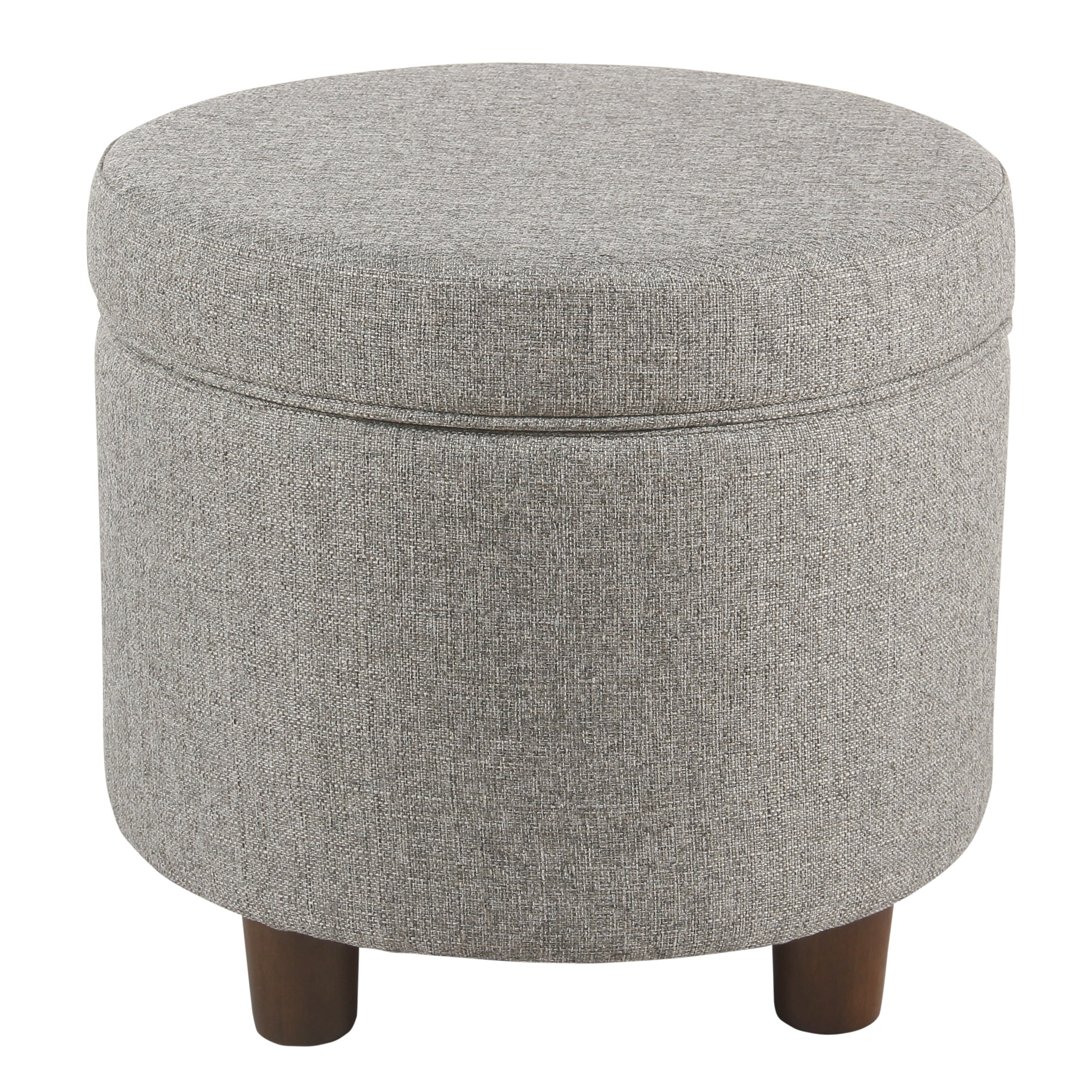 Mid-Century Modern Round Light Gray Tweed Storage Ottoman