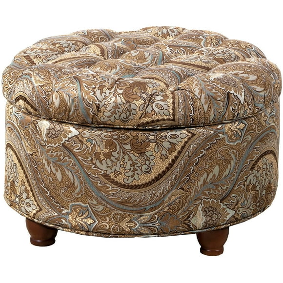 HomePop Round Traditional Fabric Paisley Pattern Large Storage Ottoman in Brown