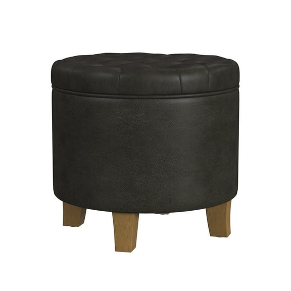 HomePop Small Round Button Tufted Storage Ottoman, Black Faux Leather