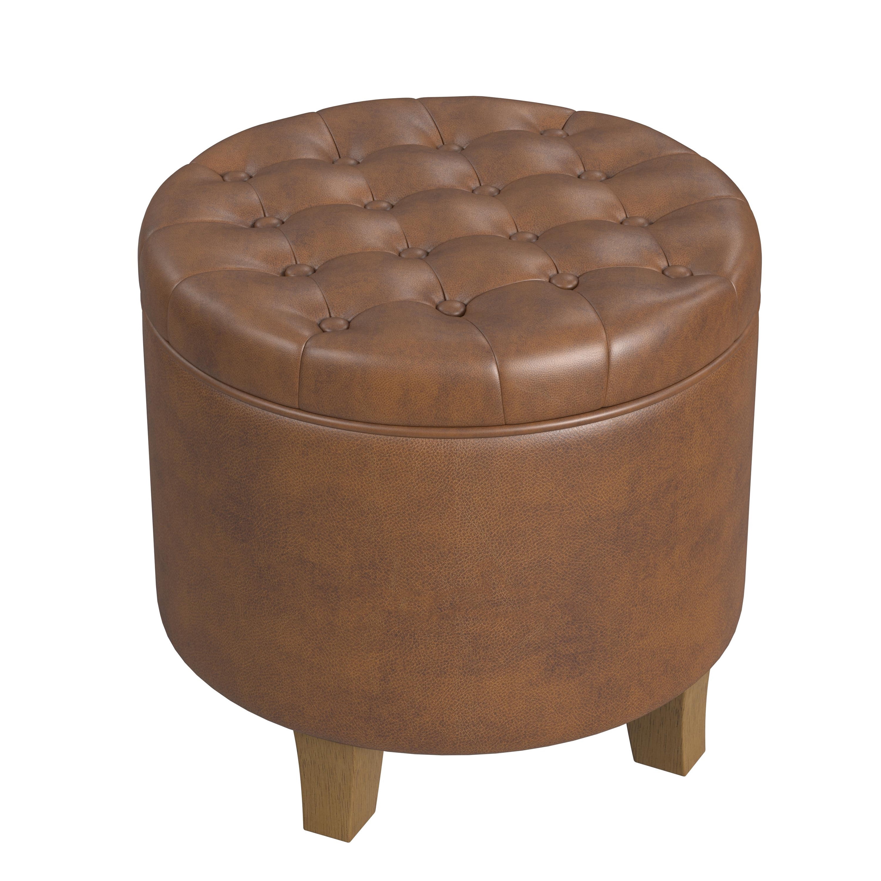 HomePop Small Round Button Tufted Storage Ottoman, Brown Faux Leather