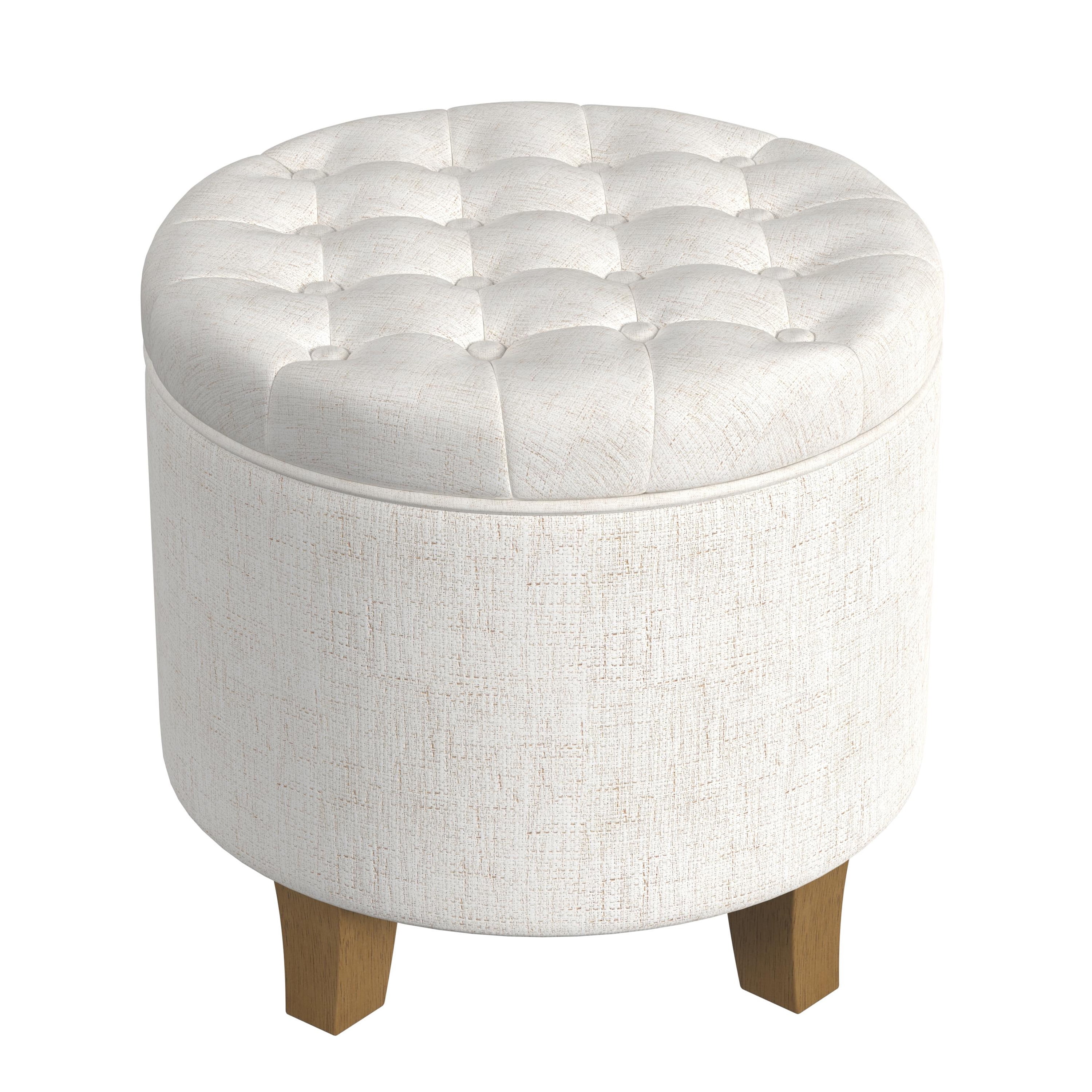 Cream Tufted Round Storage Ottoman with Wooden Legs