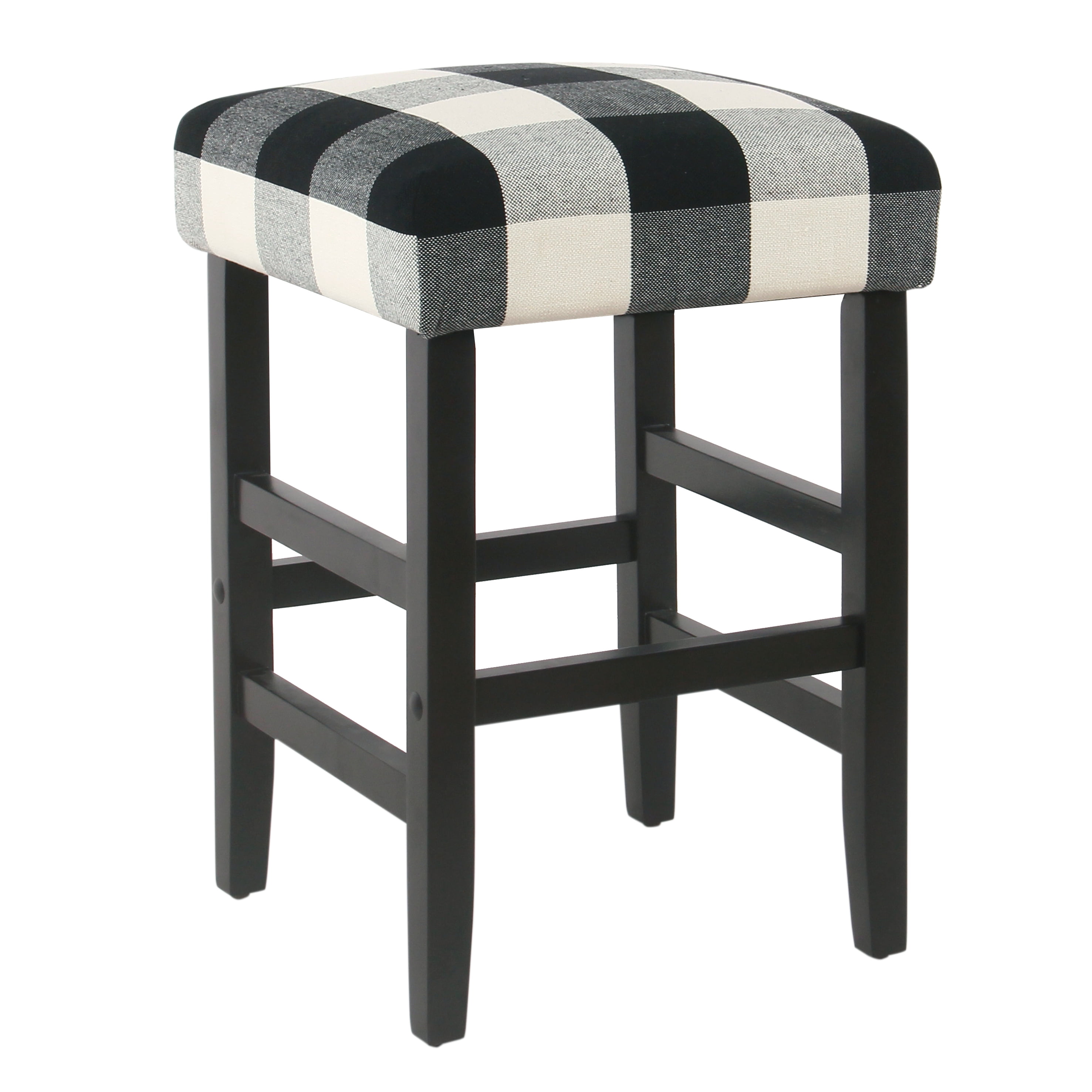 Black and White Plaid Wood Backless Counter Stool