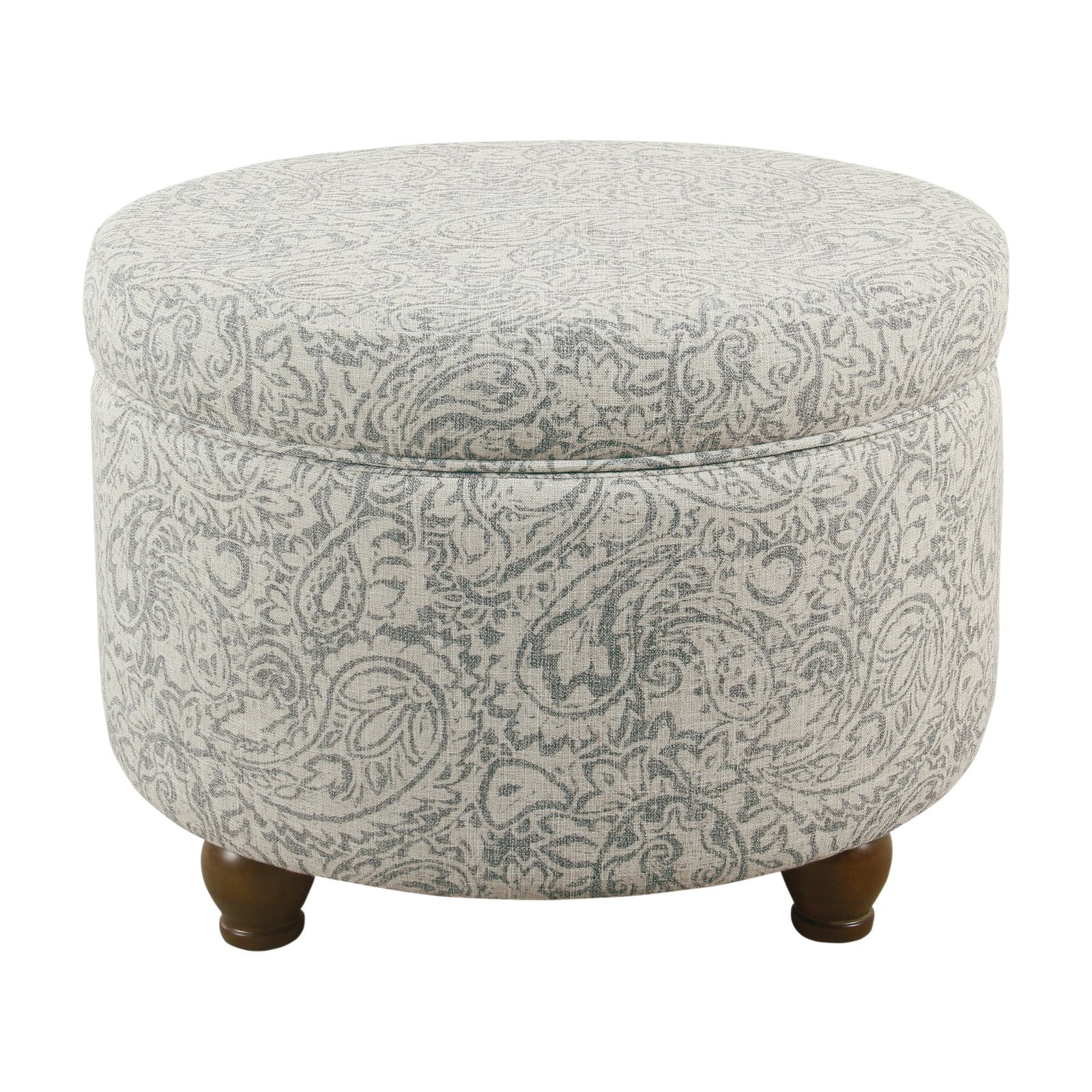 Gray Floral Round Storage Ottoman with Wood Legs