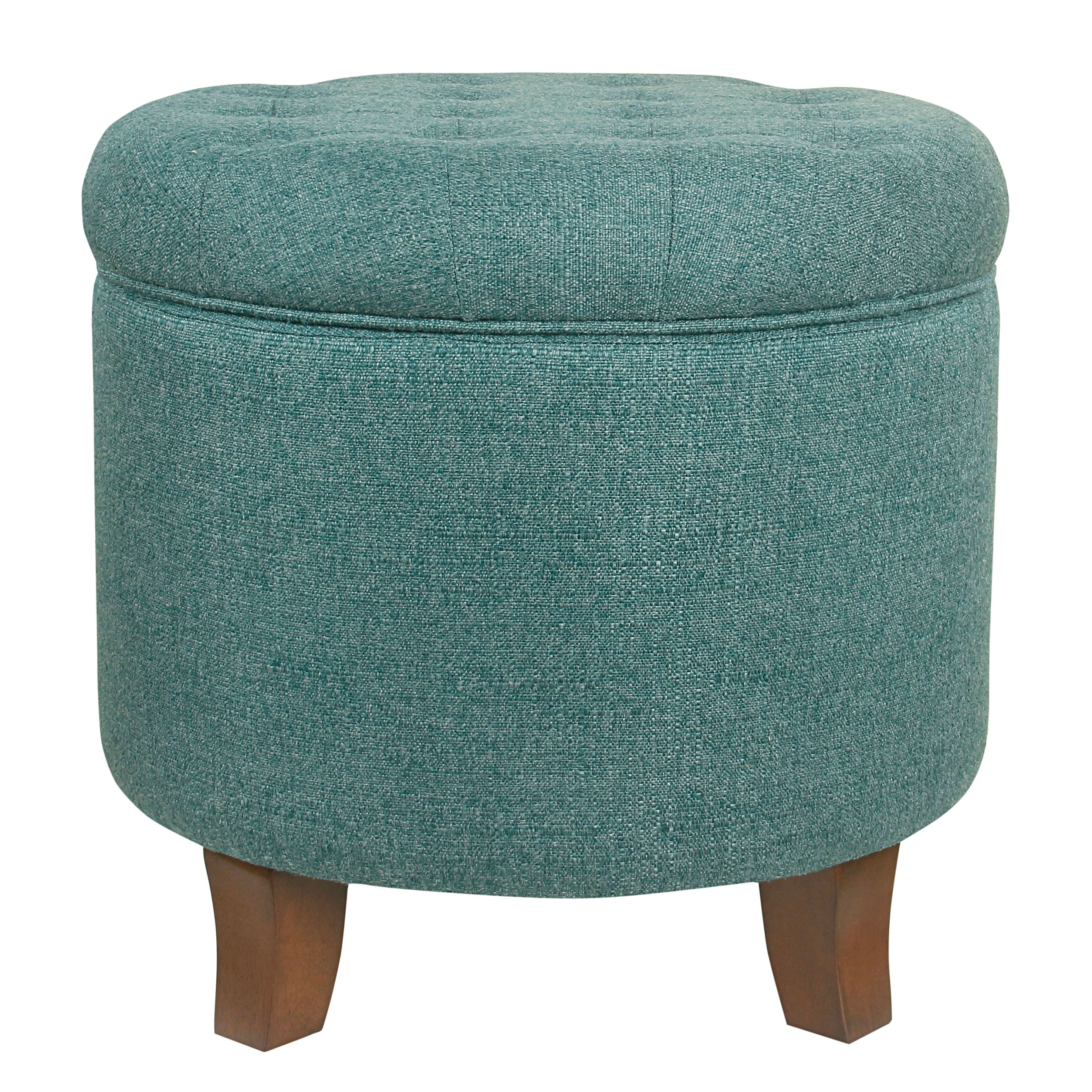 Elegant Teal Tufted Round Ottoman with Textured Weave and Storage