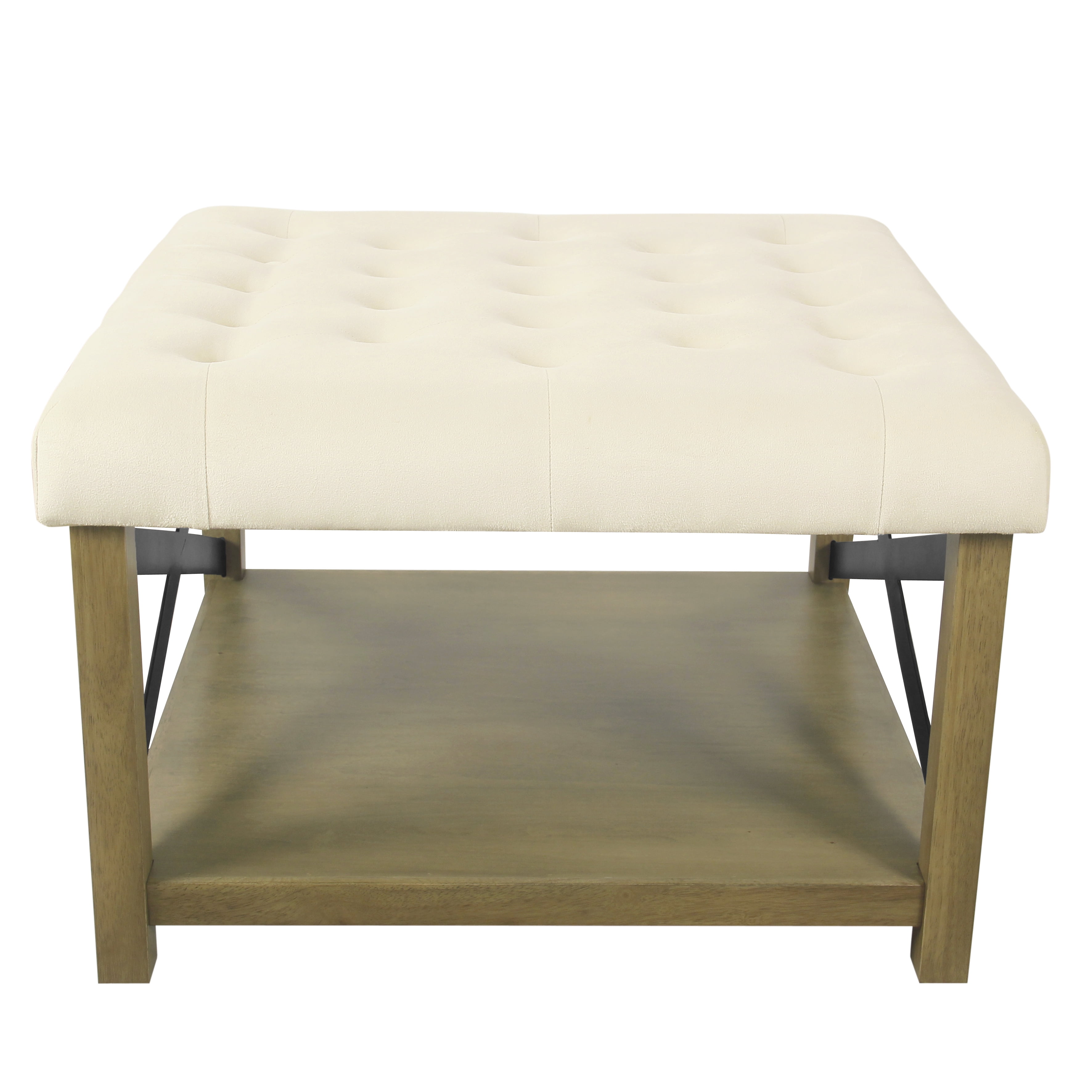 Cream Tufted Cocktail Ottoman with Wooden Storage