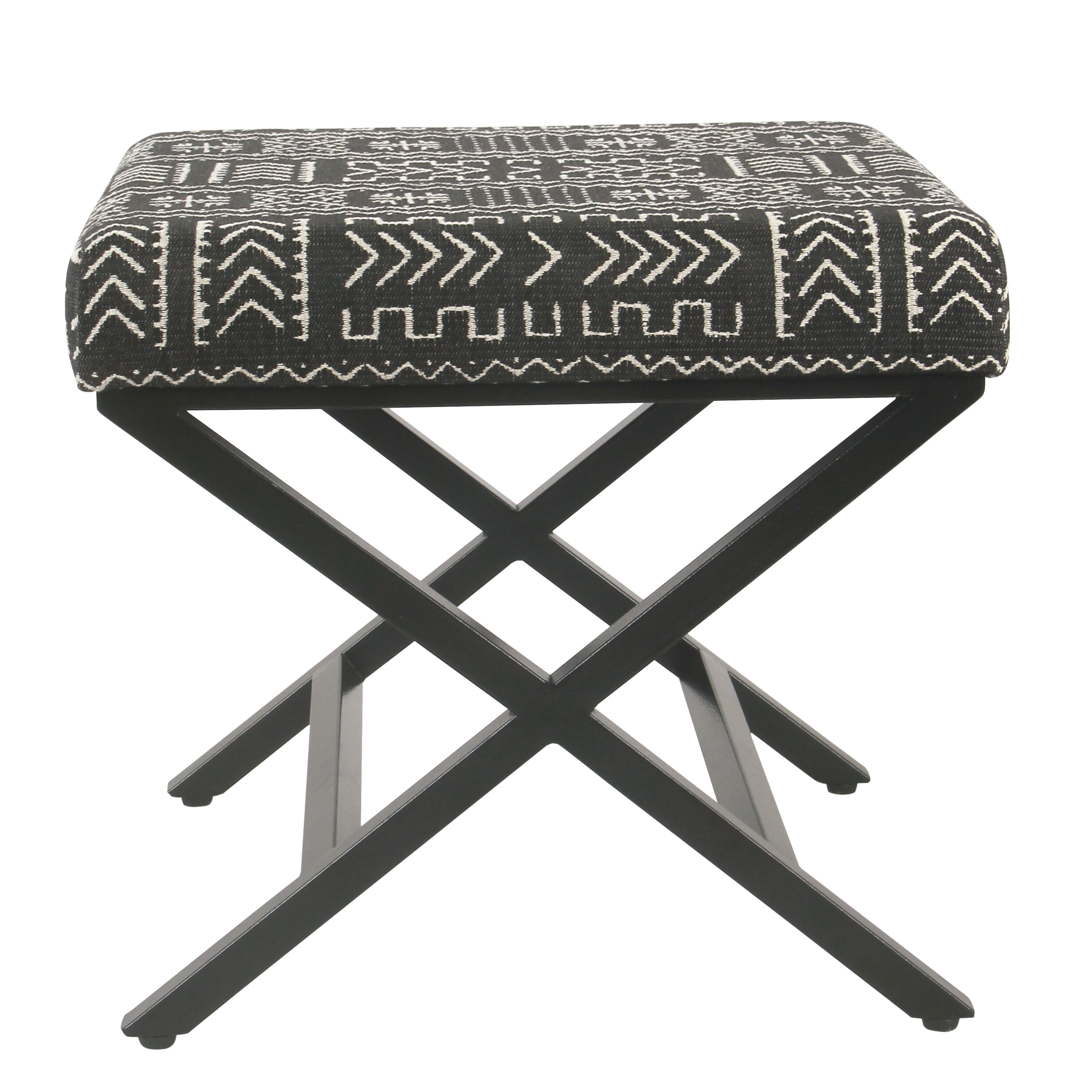 Onyx Black Metal X-Base Ottoman with African Mudcloth Cushion
