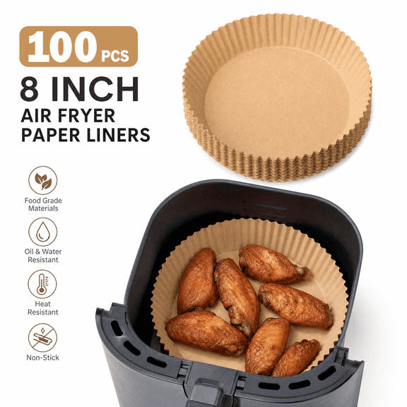 HomePro 8 Inch Air Fryer Disposable Paper Liner, Non-Stick Parchment Paper Liners, 100 Count Unbleached Brown