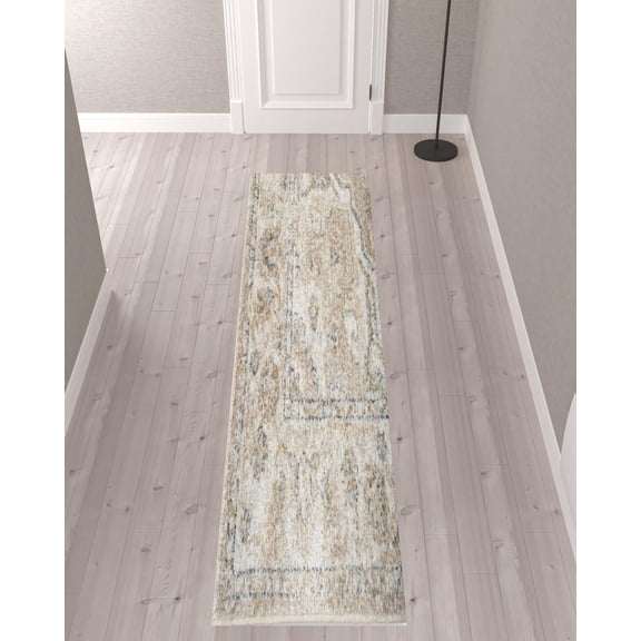 10' Beige Oriental Power Loom Washable Runner Rug