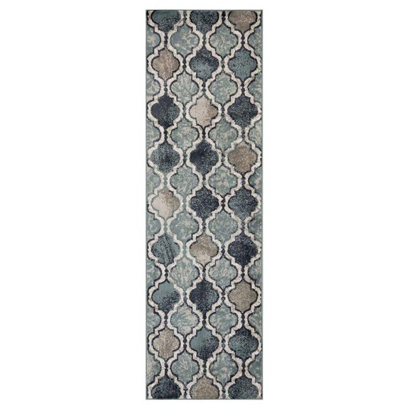 HomeRoots 487158 10 ft. Deep Royal Quatrefoil Power Loom Distressed Stain Resistant Runner Area Rug