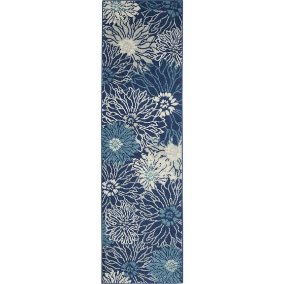 HomeRoots 10' Navy Blue Floral Power Loom Runner Rug