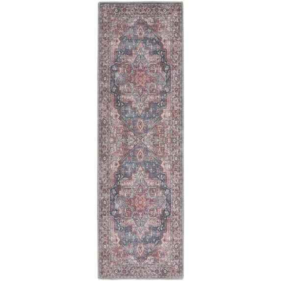 10' Red Floral Power Loom Distressed Washable Runner Rug