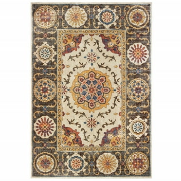 HomeRoots 10' X 13' Ivory And Brown Oriental Power Loom Stain Resistant Area Rug