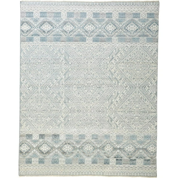 10' X 13' Ivory Blue And Gray Geometric Hand Knotted Area Rug