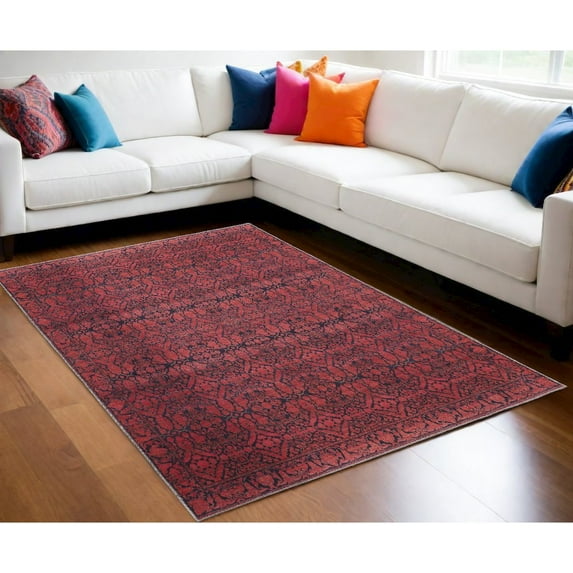 10' X 14' Red And Black Floral Power Loom Area Rug