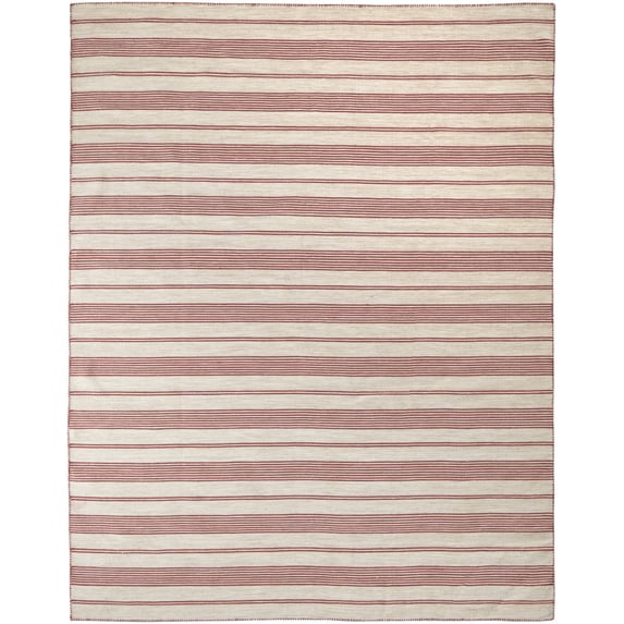 10' X 14' Red And Ivory Striped Dhurrie Hand Woven Stain Resistant Area Rug