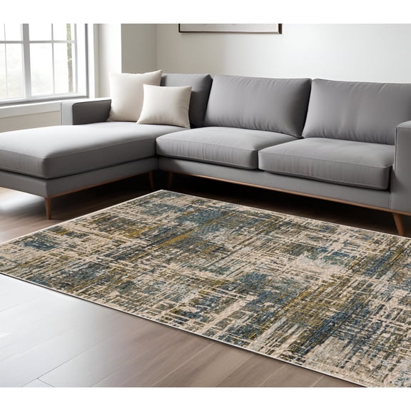 HomeRoots 574766 10 x 13 ft. Abstract Distressed Rectangle Area Rug with Fringe, Blue & Gold