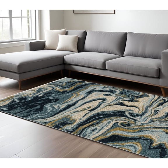 HomeRoots 575026 10 x 13 ft. Abstract Rectangle Area Rug with Fringe, Navy Blue & Teal