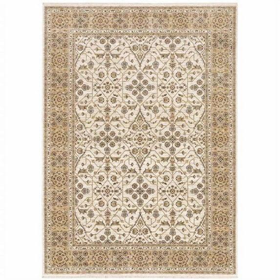HomeRoots 10 x 13 ft. Ivory & Gold Oriental Power Loom Stain Resistant Rectangle Area Rug with Fringe - Ivory and Gold - 10 x 13 ft.