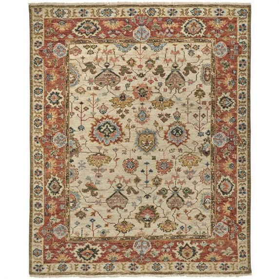 10' X 13' Ivory Red And Blue Wool Floral Hand Knotted Stain Resistant Area Rug