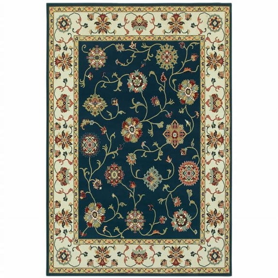 HomeRoots 10 x 13 ft. Navy & Ivory Oriental Power Loom Stain Resistant Rectangle Area Rug - Navy and Ivory - 10 x 13 ft.