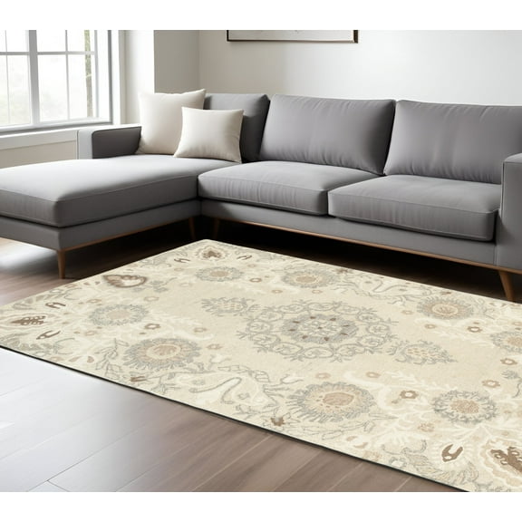 HomeRoots 576297 10 x 13 ft. Wool Floral Hand Tufted Rectangle Area Rug, Sand